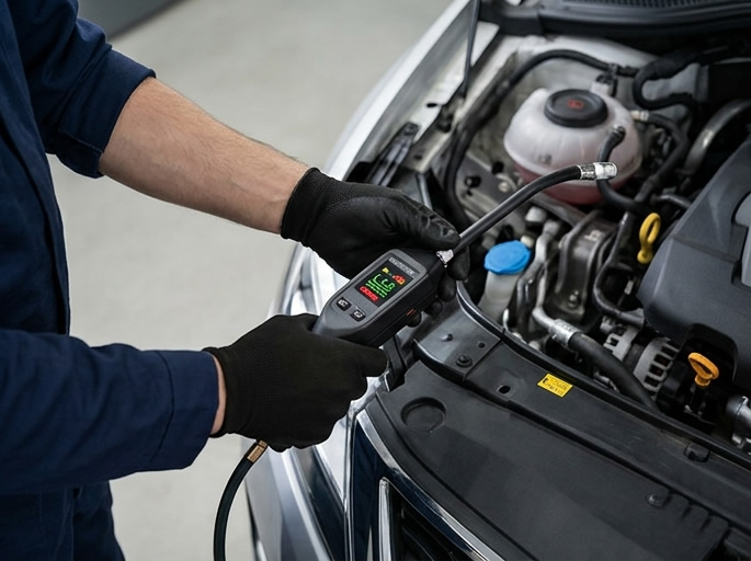 Mechaniker prüft die Klimaanlage eines Autos