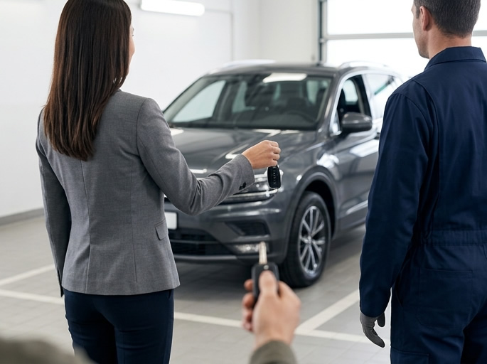 Serviceberater spricht mit Kundin vor einem Auto