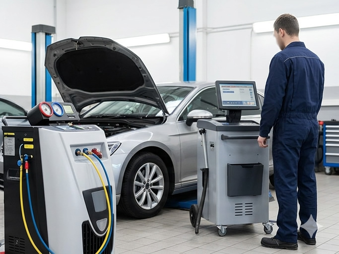 Mechaniker arbeitet in der Werkstatt des Autohaus de Voss